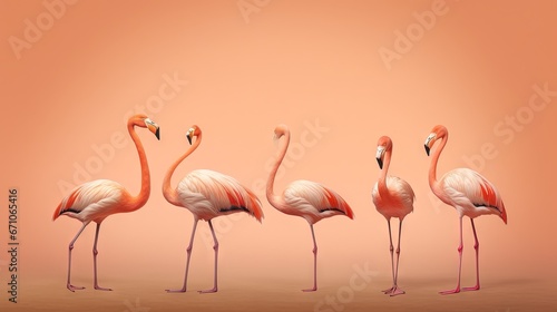  a group of pink flamingos standing in a line on a pink background.  generative ai