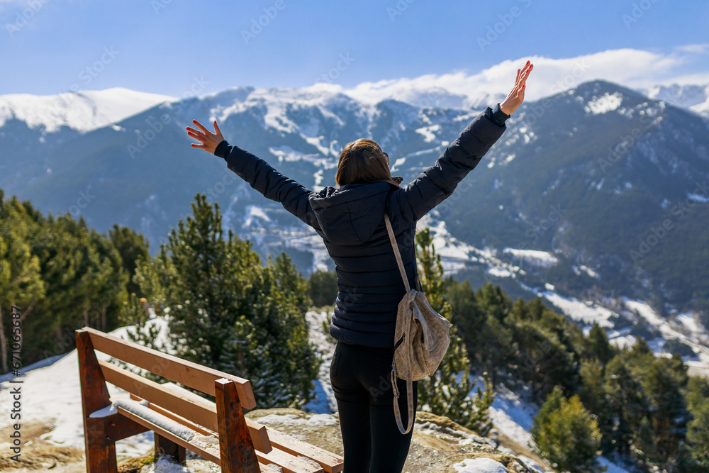 Obraz na płótnie Tourist woman in Andorra, Europe. Winter snow landscape mountain view w salonie