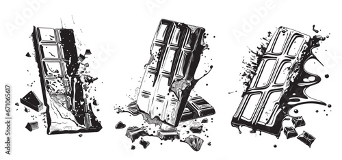 Bar of broken chocolate set sketch hand drawn in doodle style illustration