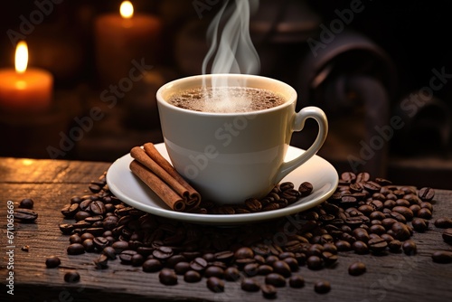 Hot Coffee Cup With Beans And Smoke On Wooden Table Background