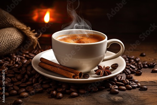 Hot Coffee Cup With Beans And Smoke On Wooden Table Background