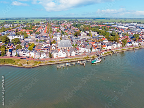 Aerial from the traditional town Lekkerkerk at the river Lek in the Netherlands photo
