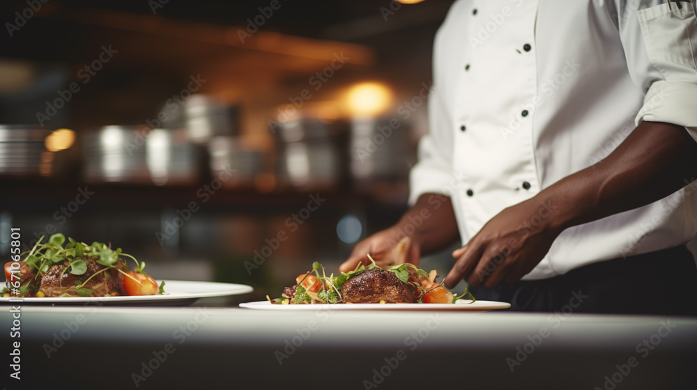 Chef preparing a gourmet dish in a kitchen, African American, blurred background, with copy space