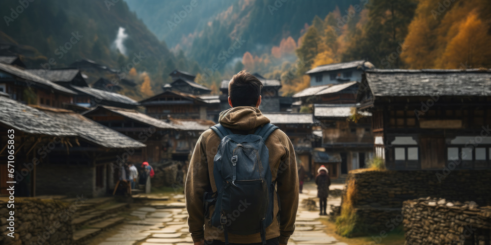 Man backpacking in amazing, mountainous village