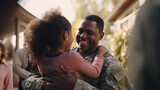 Soldier returning home, greeting his family, African American, blurred background, with copy space