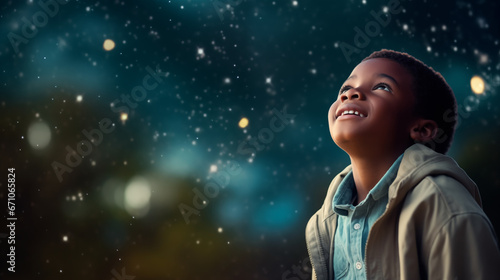 Young boy with a telescope, looking at the stars, African American, blurred background, with copy space