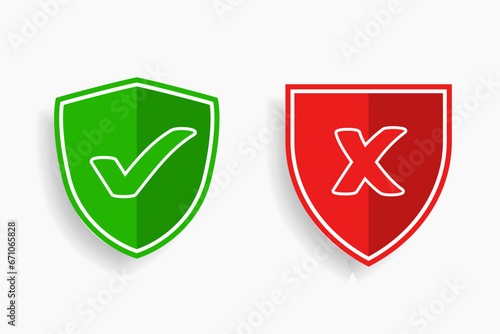 Flat check mark and cross Shield symbols icon