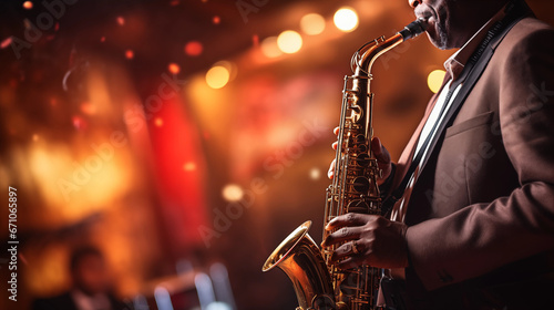 Man playing a saxophone in a jazz club, African American, blurred background, with copy space