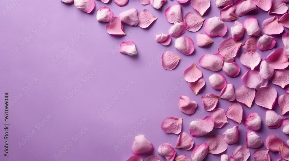 petals of pink rose petals on a purple background with space for text. generative ai petals of pink rose petals on a purple background with space for text. generative ai