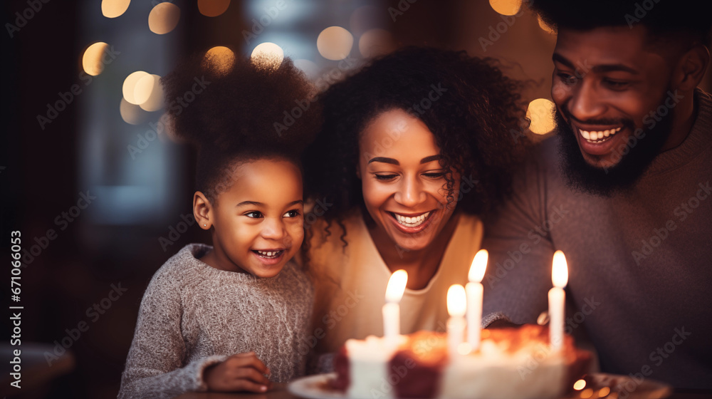 Family celebrating a birthday with cake and candles, African American, blurred background, with copy space Family celebrating a birthday with cake and candles, African American, blurred background, with copy space