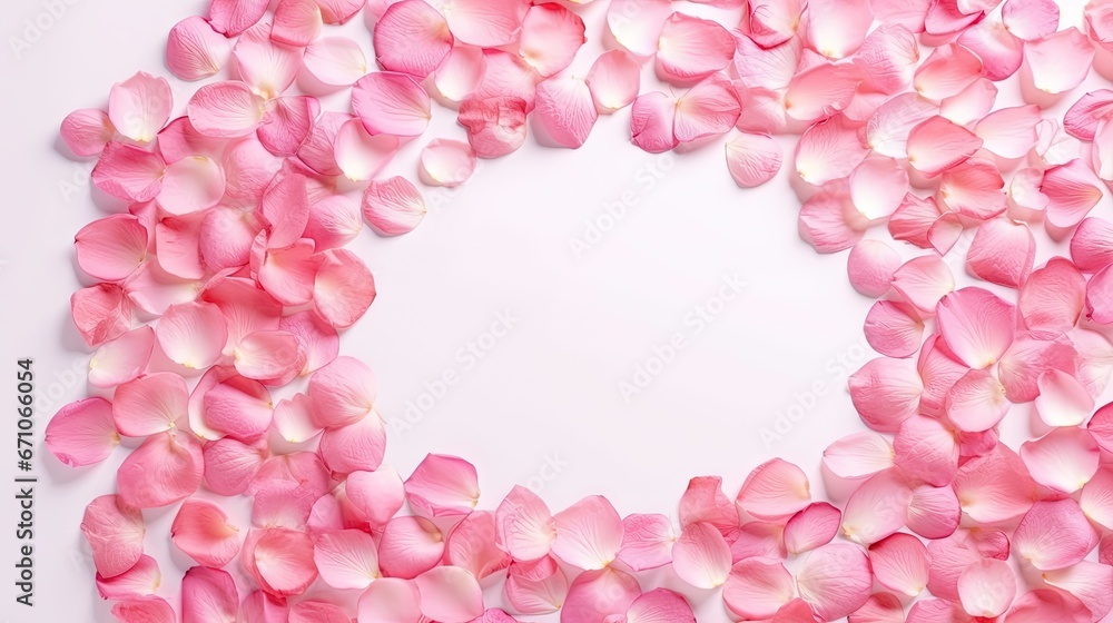  a circle made of pink flowers on a white background with space for text.  generative ai