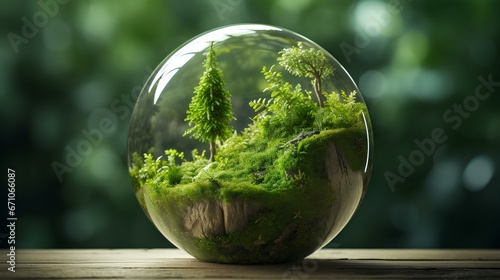 a glass ball with moss and trees inside 