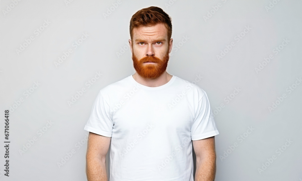 Horizontal shot of prosperous male enterpreneur with appealing look, thick ginger beard, has serious look at camera, listens attentively investors, wears casual t shirt, isolated on white wall - obrazy, fototapety, plakaty 