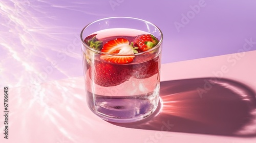  a glass filled with liquid and strawberries on top of a table.  generative ai