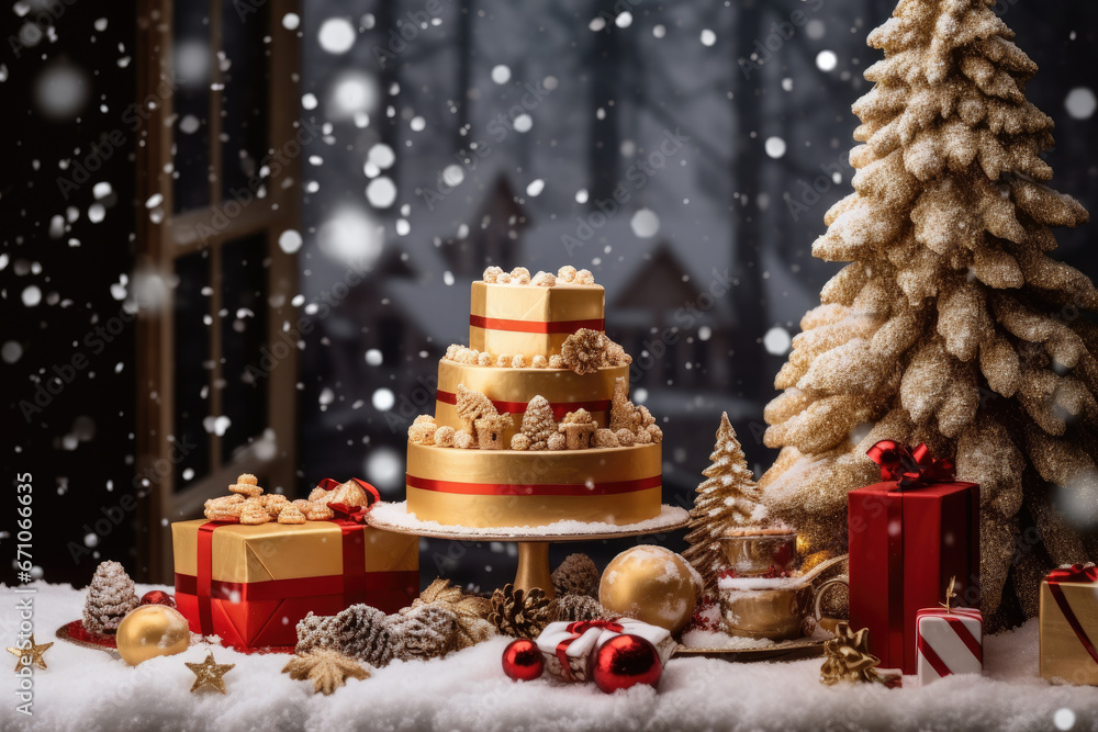 Christmas holiday in winter season decorate with gift boxes, tree and ornaments, Snowflakes background, Happy new year celebration, Special event scene with copy space.