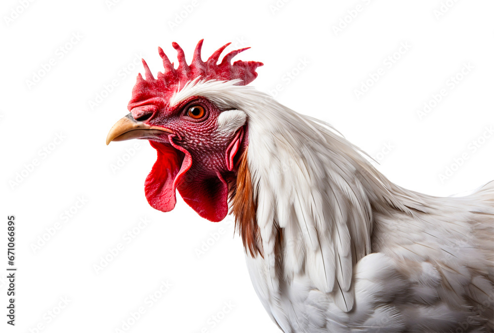 Close-up macro shot of cockfighting, native chicken on white background, For art texture, presentation design or web design and web background. Generative ai