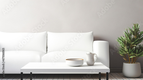 Coffee mug on a white elegant table, beautiful sofa, white wall backdrop. For art texture, presentation design or web design and web background. Generative ai © toodlingstudio