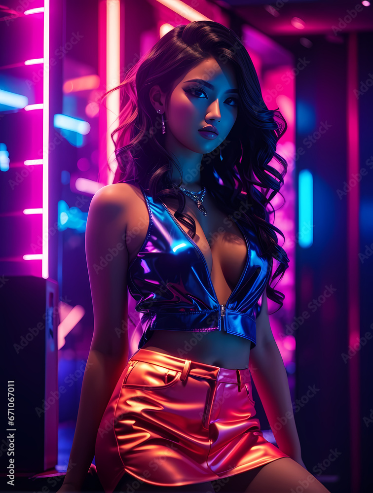 Sexy glamor woman in green sequins evening dress in night club or bar against red wall with neon letters. Fashion style portrait Sexy glamor woman in green sequins evening dress in night club or bar against red wall with neon letters. Fashion style portrait