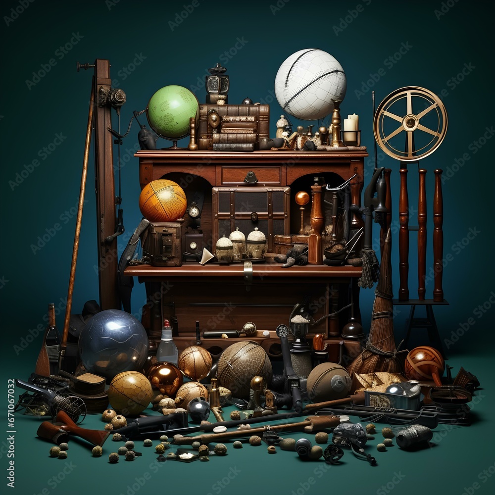 set of game equipment on isolated background