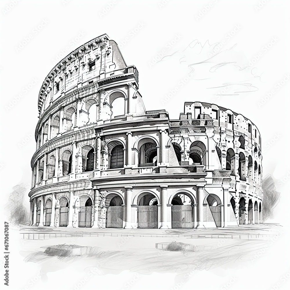 Very simple sketch of the colosseum in hand drawn, simple lines, simple brushes, with no details