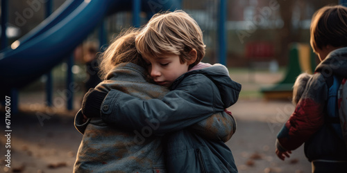 Sad school child being comforted by friend in playground.