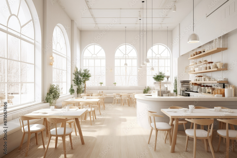 Minimal interior design of cafe or coffee cafe bar shop in clean minimalist style, decorated with warm tone, relaxing tones with glossy ivory white round corner counter and coffee machinery.