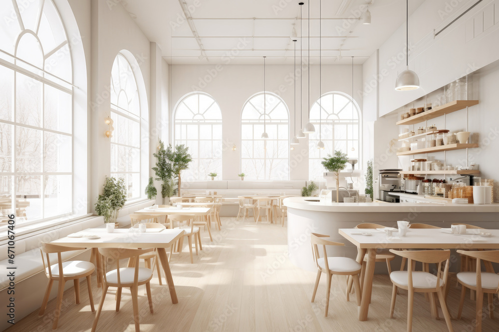 Fototapeta premium Minimal interior design of cafe or coffee cafe bar shop in clean minimalist style, decorated with warm tone, relaxing tones with glossy ivory white round corner counter and coffee machinery.
