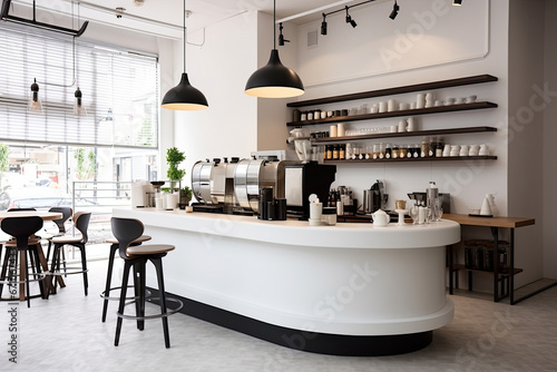 Minimal interior design of cafe or coffee cafe bar shop in clean minimalist style, decorated with warm tone, relaxing tones with glossy ivory white round corner counter and coffee machinery. photo