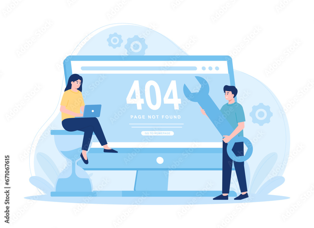 Computer technician repairing computer screen with gear and wrench concept flat illustration Computer technician repairing computer screen with gear and wrench concept flat illustration