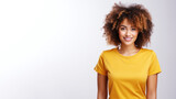 Afro american woman wearing mustard t-shirt isolated on gray background