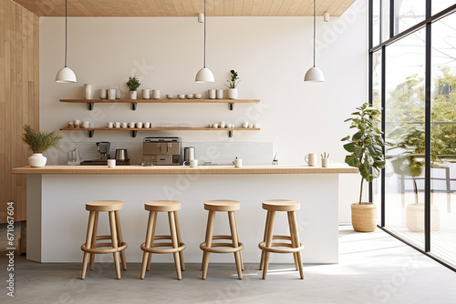 Minimal interior design of cafe or coffee cafe bar shop in clean minimalist style, decorated with warm tone, relaxing tones with glossy ivory white round corner counter and coffee machinery.