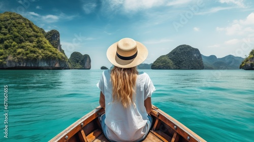 Happy traveler woman on boat joy fun nature panoramic view . Freedom adventure travel Phuket Thailand © venusvi