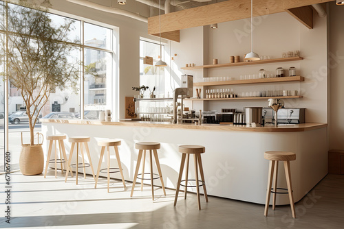 Minimal interior design of cafe or coffee cafe bar shop in clean minimalist style  decorated with warm tone  relaxing tones with glossy ivory white round corner counter and coffee machinery.