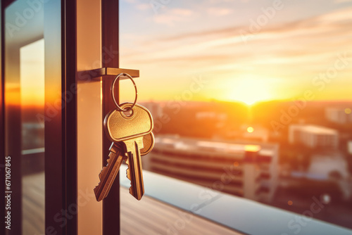 Open door with keys to new luxury flat with big windows in penthouse apartment. Mortgage, investment, rent, real estate, property concept. Generative AI