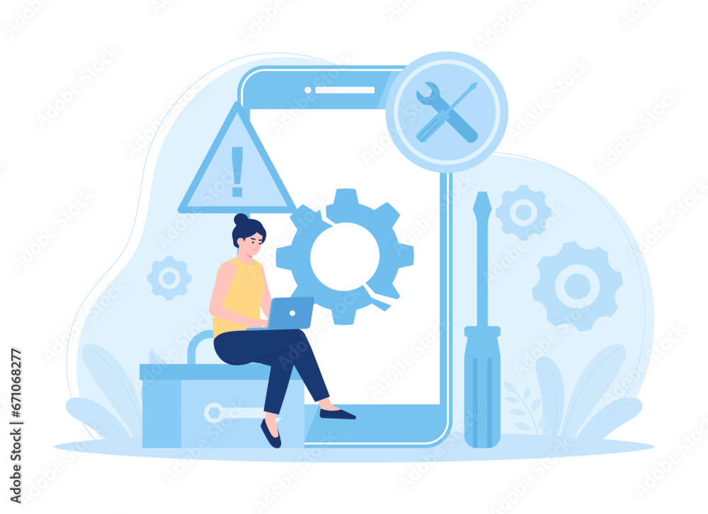 A woman repairs a cellphone concept flat illustration A woman repairs a cellphone concept flat illustration
