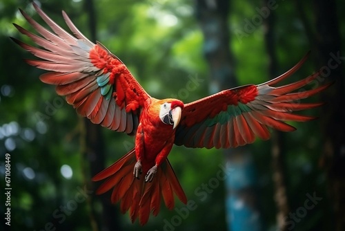 Red hybrid macaw parrot flying in forest with blurred green background. Created with generative AI photo