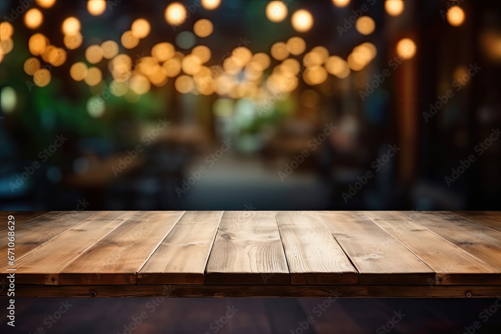 The wooden tabletop is empty and the blurred background is a coffee shop.