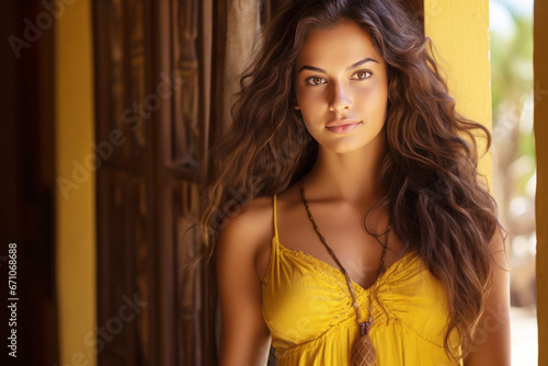 An Indian woman model wearing a yellow sundress in the village