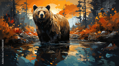 Painting of Bear in Cyan and Orange Forest, Infusing Nature's Beauty and Artistic Intrigue.