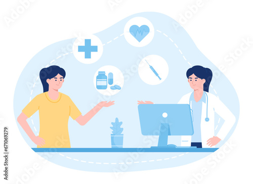 The doctor advises on the use of medication concept flat illustration