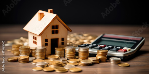 HomeBudgeting illustration, using toy wooden block house and stacked coins.