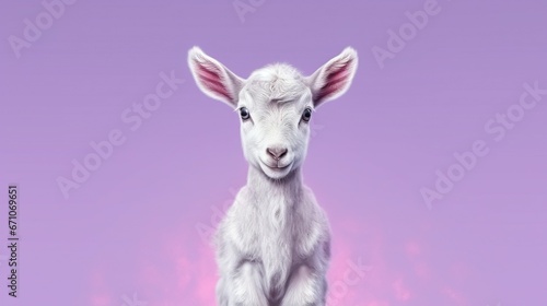  a white goat with pink ears standing on a purple background.  generative ai