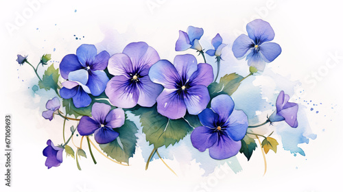 Colorful Watercolor Violets in Blue and Purple  Perfect for Inviting Greeting Cards and Delicate Home Decor.