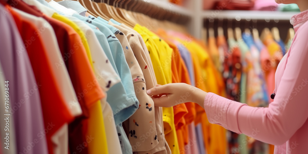 Close-up of Female Hands Plucked Hanger Choosing Clothes in a Clothing Store. The blonde's hand runs through the rack with clothes, buying clothes in the mall. Sales promotion and shopping concept. Close-up of Female Hands Plucked Hanger Choosing Clothes in a Clothing Store. The blonde's hand runs through the rack with clothes, buying clothes in the mall. Sales promotion and shopping concept.