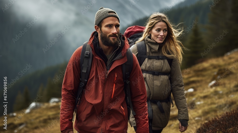 photograph of Couple trekking together. photograph of Couple trekking together.