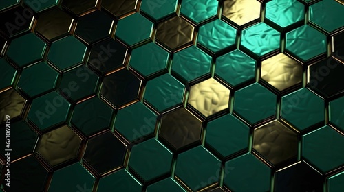  a close up of a green and gold hexagonal pattern. generative ai