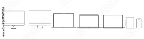 Devices in simple linear style on white background. Set of computer laptop tablet and smartphone with blank screens. Model. EPS 10