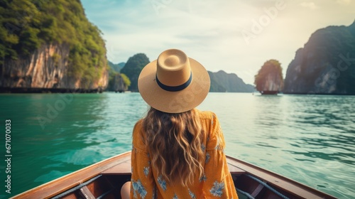 Happy traveler woman on boat joy fun nature panoramic view . Freedom adventure travel Phuket Thailand © venusvi