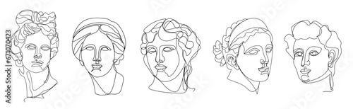 Greek sculptures. Vector set of one line art illustrations.