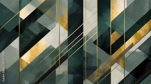  an abstract painting with gold and green lines and squares on a black background. generative ai